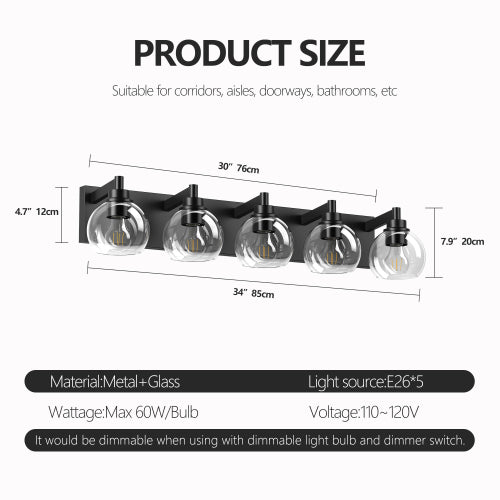 Bathroom Light Fixtures Over Mirror 5-Lights Bathroom Vanity Light with Clear Globe Glass Shade Modern Black Vanity Light Wall Sconce Vanity Lighting for Bath(Bulbs Not Included)