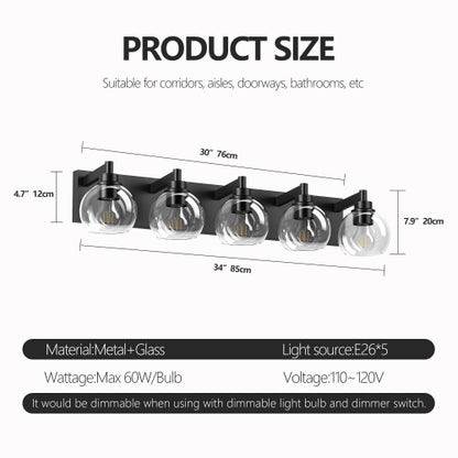 Bathroom Light Fixtures Over Mirror 5-Lights Bathroom Vanity Light with Clear Globe Glass Shade Modern Black Vanity Light Wall Sconce Vanity Lighting for Bath(Bulbs Not Included)