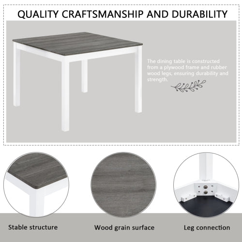 5-Piece Grey & White Two Tone Dining Set, Square Wooden Table with 4 Upholstered Chairs