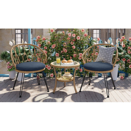 U_STYLE Outdoor Leisure Set, 2 Rattan Single Chairs with A Glass Round Table, Perfectly Suited for Patios, Balconies, and Courtyards