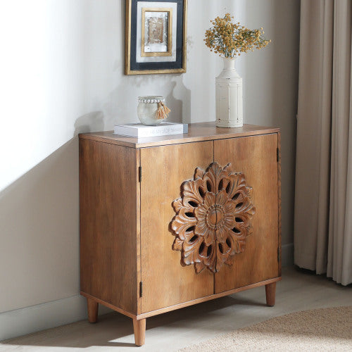 Rustic Hand-Carved Floral 2-Door Wooden Cabinet Bohemian Style Solid Wood Leg Storage Sideboard For Home Decor