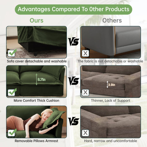 Green Slipcovered Chenille Deep-Seat 2-Seat Sofa,Removable Cover