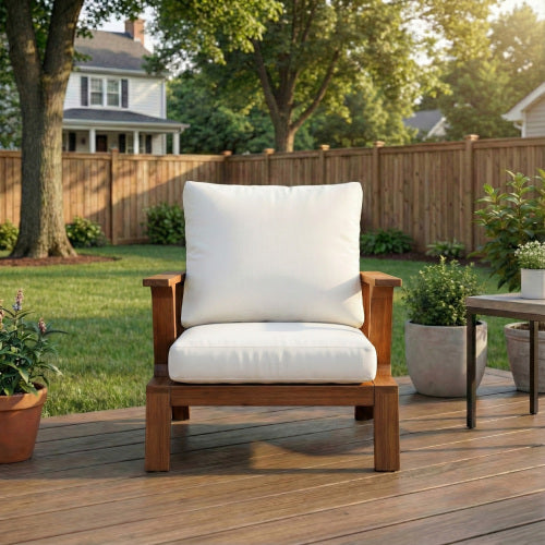Patio Accent Chair 27.6" Wood Chair Outdoor Lounge Chair for Patios, Gardens, or Balcony, Teak Finish  White Cushion