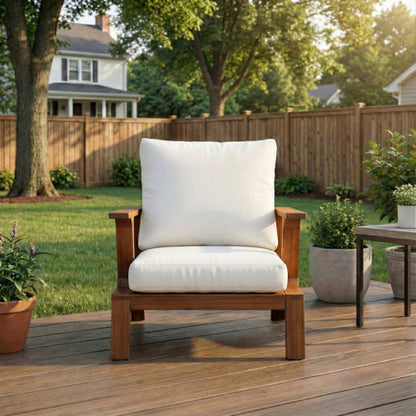 Patio Accent Chair 27.6" Wood Chair Outdoor Lounge Chair for Patios, Gardens, or Balcony, Teak Finish  White Cushion