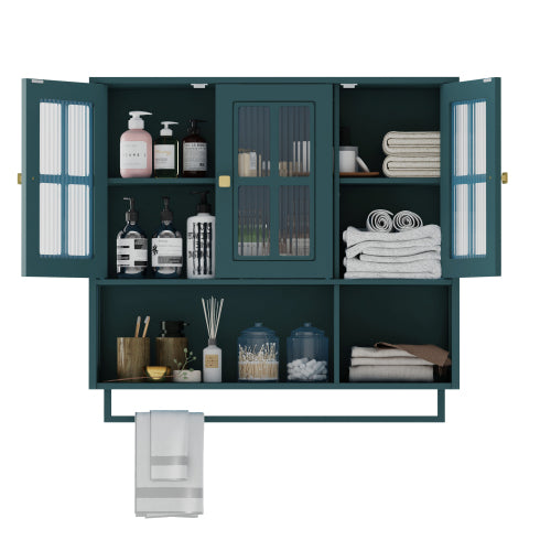 Bathroom Wall Cabinet, 3-Door Wooden Wall Cabinet with Open and Hidden Storage Space, Medicine Cabinet with Glass Door and Towel Bar for Entryway Living Room Bathroom Dining Room,Dark Green