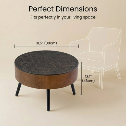 31.5inch  Round Carved Coffee Table, Black & Brown