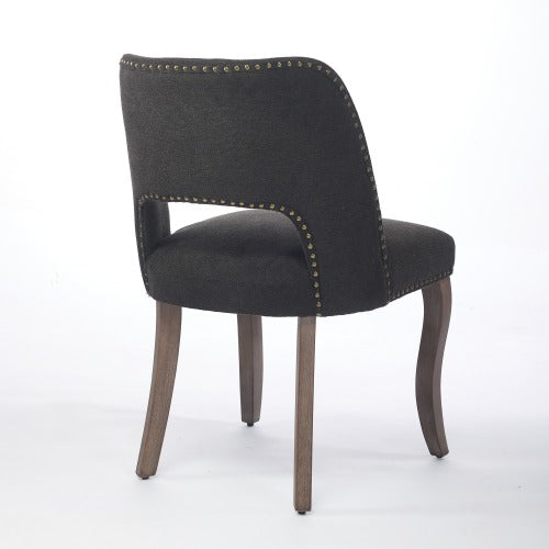 Set of 2 Black Hollow Back Fabric Dining Chairs, Curved Solid Wood Legs With Handmade Copper Nails