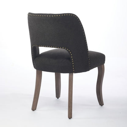 Set of 2 Black Hollow Back Fabric Dining Chairs, Curved Solid Wood Legs With Handmade Copper Nails