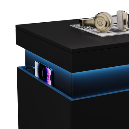 Nightstand with Charging Station and LED Lights,Night Stand with Sliding Top for Bedroom,Bedside Table with Drawers,Modern End Side Table,Black.28.8''W x 17''D x 30.5''H.