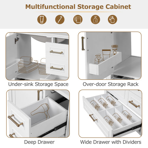 30" Bathroom Vanity with Ceramic Sink, Soft-Close Door with Built-in Shelf, Deep Drawer, Standard Drawer, Long Divider Drawer, Ample Storage Cabinet for Bathroom, Modern & Functional Design