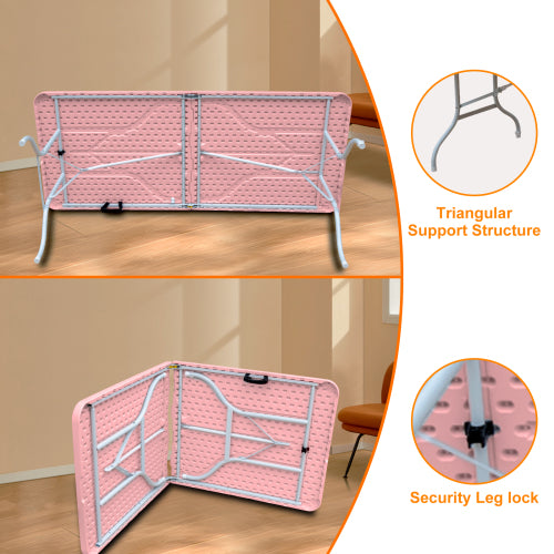 6ft Pink Folding Table, Portable Plastic Table for Camping, Picnics, Parties, High Load Bearing Foldable Table