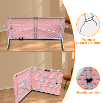 6ft Pink Folding Table, Portable Plastic Table for Camping, Picnics, Parties, High Load Bearing Foldable Table