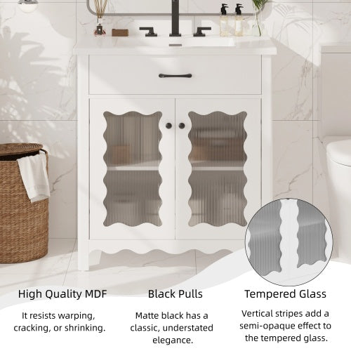 31" Bathroom Vanity with Tempered Glass, Modern Bathroom Cabinet with Rubber Wood legs and Soft close Doors, White