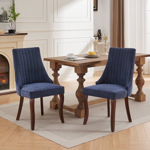 Set of 2 Blue Rayon Flocking Linen High Back Dining Chairs, Curved Solid Wood Legs Adjustable Leveling Feet