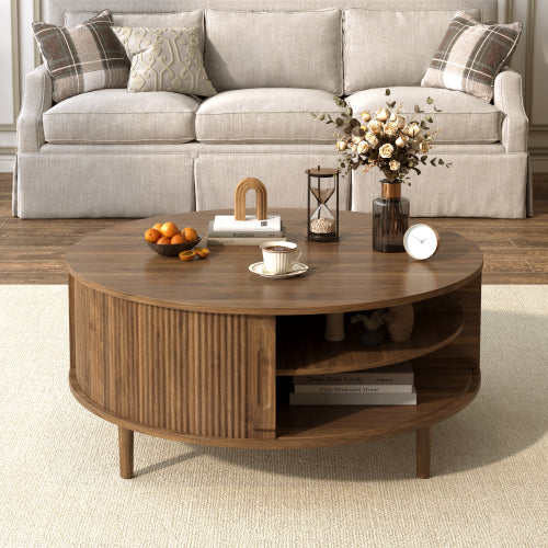 Round Lift Top Coffee Table Storage Sliding Door Pine Wood Legs Modern Wood Wave Design