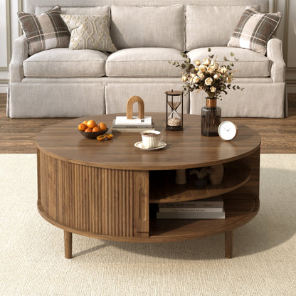 Round Lift Top Coffee Table Storage Sliding Door Pine Wood Legs Modern Wood Wave Design
