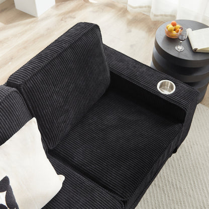 Black 83.86 inch  Corduroy 3Seater Compressed Sofa with Dual CupHolders