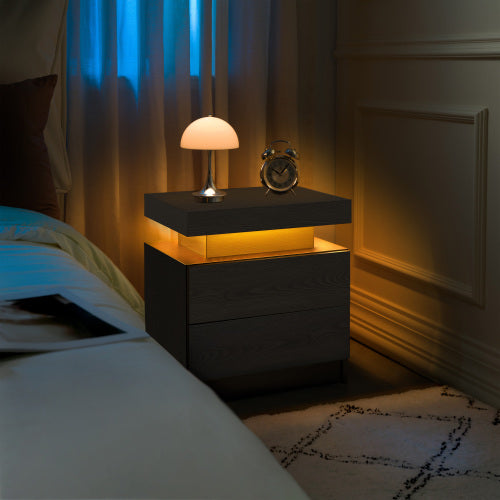 Nightstand LED Bedside Table Cabinet Lights Modern End Side with 2 Drawers for Bedroom (Black Woodgrain)