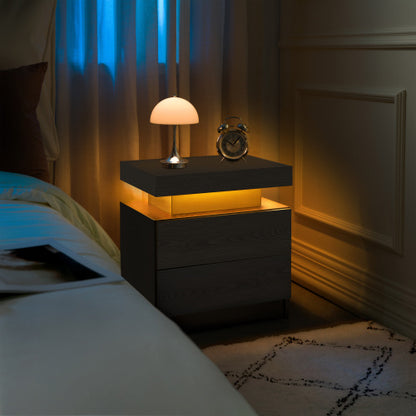 Nightstand LED Bedside Table Cabinet Lights Modern End Side with 2 Drawers for Bedroom (Black Woodgrain)