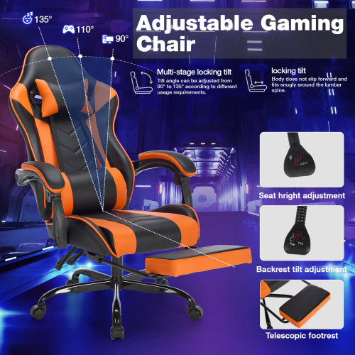 Gaming Chair with Footrest, Ergonomic Computer Chair with Headrest and Lumbar Support, Breathable Material Height Adjustable Video Game Chairs for Adults, Black Orange
