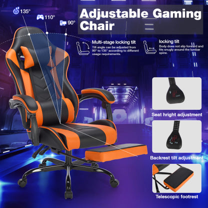 Gaming Chair with Footrest, Ergonomic Computer Chair with Headrest and Lumbar Support, Breathable Material Height Adjustable Video Game Chairs for Adults, Black Orange