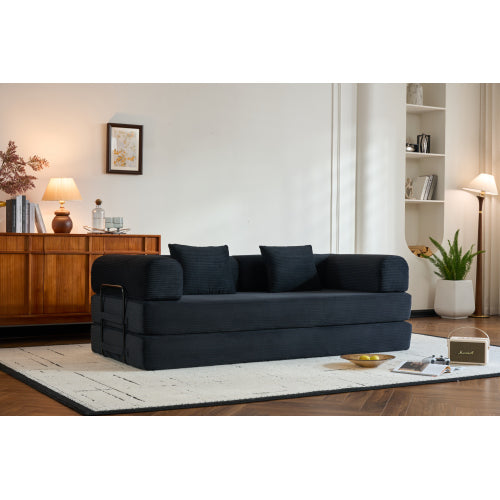 Corduroy Convertible Sleeper Sofa-Bed Fixed-Shape Metal-Frame Floor Lounge Couch with Cylindrical Pillow No-Assembly
