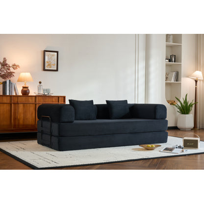Corduroy Convertible Sleeper Sofa-Bed Fixed-Shape Metal-Frame Floor Lounge Couch with Cylindrical Pillow No-Assembly
