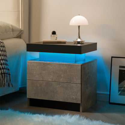 Nightstand LED Bedside Table Cabinet Lights Modern End Side with 2 Drawers for Bedroom (Black+Gray)