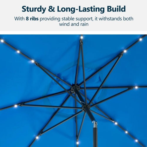 11 Feet Blue Solar LED Patio Umbrella with Crank Lift , Tilt * 8 Ribs, UV-Resistant Canopy for Pool, Backyard & Patio (Without base)