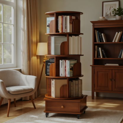 5-Tier Rotating Bookshelf with Drawer, 360¡ã Corner Bookcase, Walnut