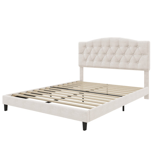 Upholstered Platform Bed with Saddle Curved Adjustable Headboard and Diamond Tufted Details,Wooden Slats and Metal Support, No Box Spring Needed,Queen, Beige