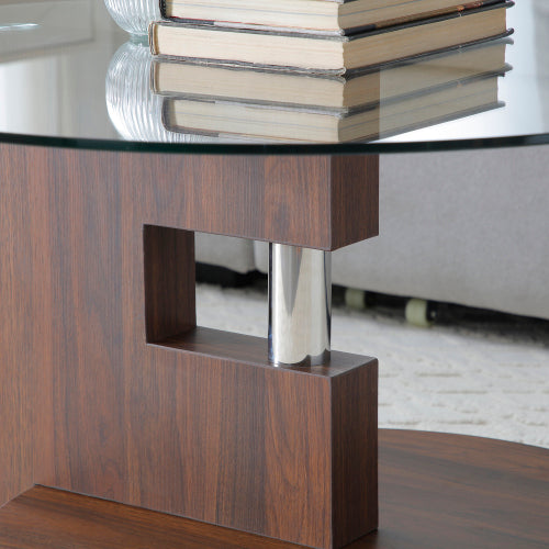 Double-Layer Round Coffee Table, Glass Top & Walnut MDF Legs, 220lbs Capacity