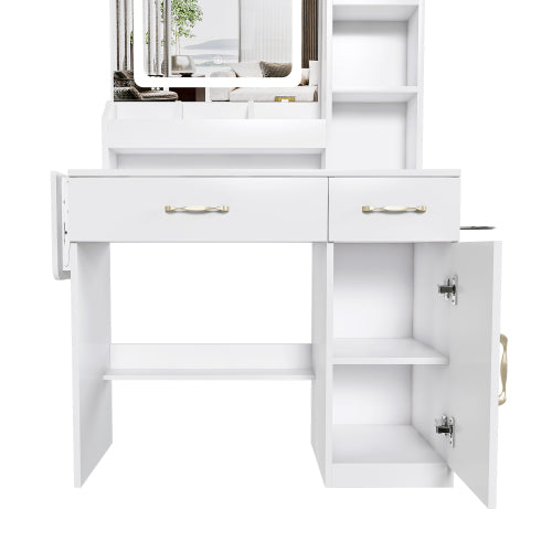 Vanity Desk with LED Mirror Lights and Power Outlet Charging Station, Makeup Dressing Table with 3 Drawers, 7 Shelves and Storage Stool, for Girls and Women (White)