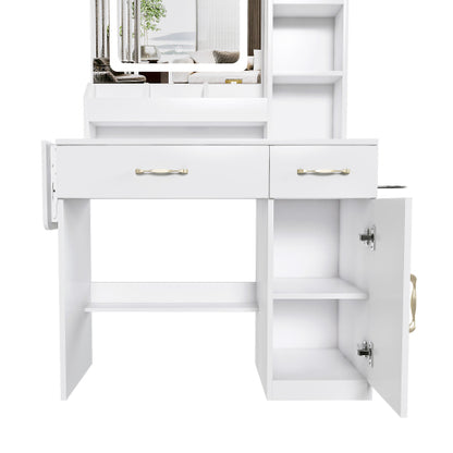 Vanity Desk with LED Mirror Lights and Power Outlet Charging Station, Makeup Dressing Table with 3 Drawers, 7 Shelves and Storage Stool, for Girls and Women (White)