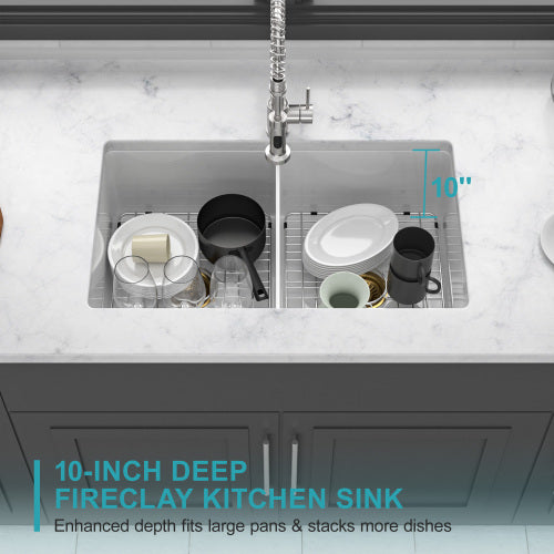 32"x19"x10" Undermount Double Bowl Porcelain Fireclay Kitchen Sink - Dual Mount White Fireclay Rectangular Deep Double Bowl Sink Basin