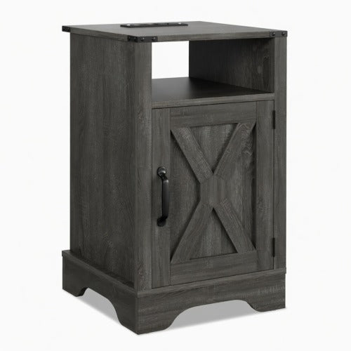 16inch Dark Grey Farmhouse Nightstand with Charger