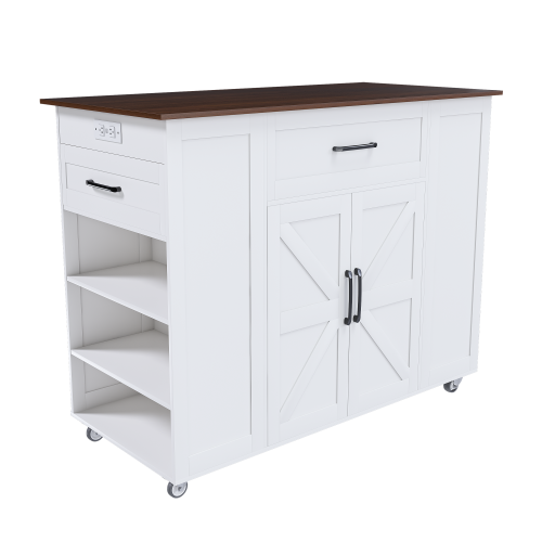 46 inch Kitchen Island on Wheels with Storage & Power Outlet - Movable Rustic Breakfast Bar Table, Wood Top with Adjustable Shelf & Drawer for Kitchen Dining Living Room, White