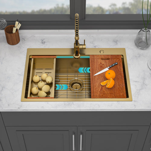 36" Drop in Gold Kitchen Sink - 36 x 22 x 10 inch Kitchen Sink Drop-in Topmount Single Bowl 16 Gauge Stainless Steel Ledge Workstation Kitchen Sinks