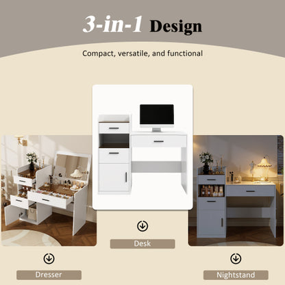 White 3in1 Flip-Top Vanity Desk, Amber Glass Top, Adjustable Dividers, Hidden Storage Cabinet