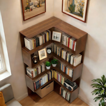 66-Inch 6-Tier Corner Bookshelf L-Shaped Open Storage Walnut