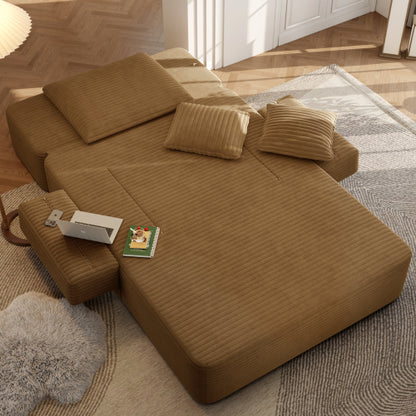 Camel Oversized Plush Corduroy Frameless Convertible Chaise Sofa Bed w/Storage Pockets & 3 Pillows