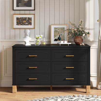 6 Drawer Double Dresser Modern Black Storage Cabinet with Metal Handles Solid Wood Legs