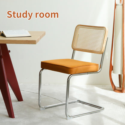 Set of 2 Orange Velvet Rattan Cantilever Dining Chairs, Chrome Tubular Steel Breuer Stackable Side Chairs