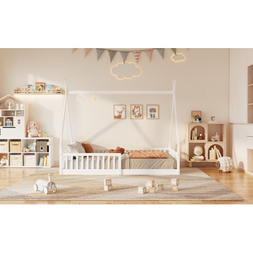 Twin Size Wood House Bed with Fence, White