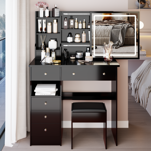 37" Middle Size Left Drawer Desktop Vanity Table + Cushioned Stool, Large Sliding, Touch Control, Tri-color Switching, Brightness Adjust LED Mirror, High Capacity Storage, Suitable for Large Space