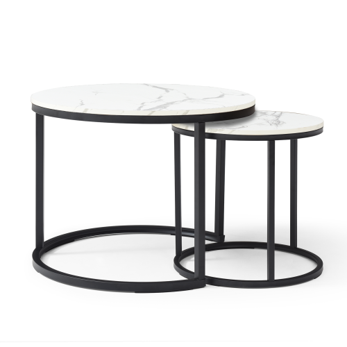 2-Piece Nesting Round Coffee Table, White & Gray Top