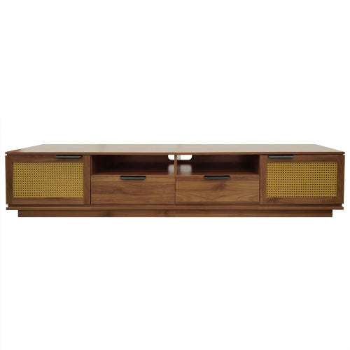 78.74 inch Walnut 2 Rattan Door 2 Drawer Legless TV Stand Open Shelf Media Console Supports 85 inch TV