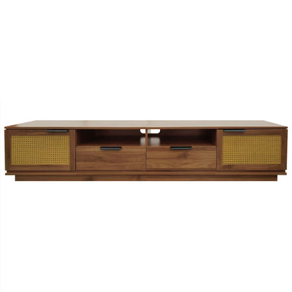 78.74 inch Walnut 2 Rattan Door 2 Drawer Legless TV Stand Open Shelf Media Console Supports 85 inch TV