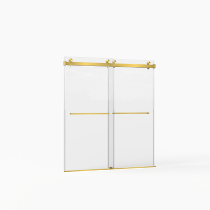 56-60"W x 70"H Frameless Double Sliding Shower Door,5/16" (8mm) Thick SGCC Tempered Clear Glass,Double Side Easy Clean Coat,Brushed Gold Finished With Buffer