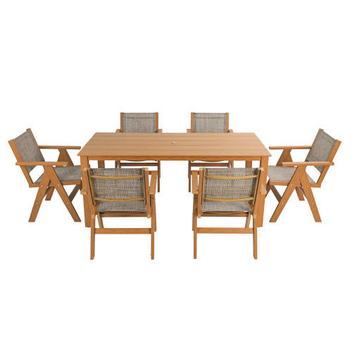 A wooden-textured imitation wood dining table, simple yet with a high quality feel. It has a small tabletop and is perfect for outdoor picnics. It is made of teak wood, measuring 68.9 inches.